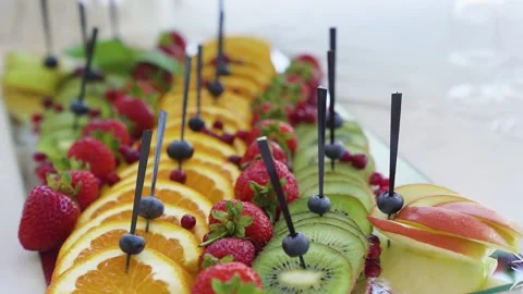 Prepared of fruit platter with various types fruits,melon,grape,peach.Dolly shot Stock Footage 204925649