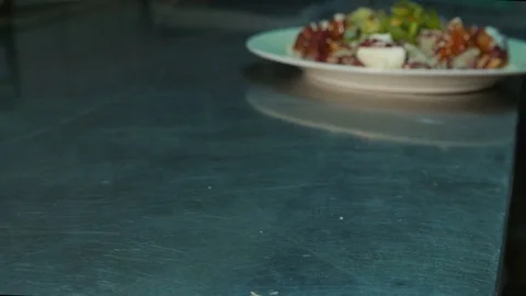 Prepared salads are given to the hall Stock Footage 84078170