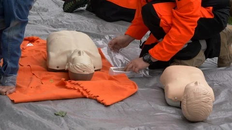 Preparer for resuscitation training   on dummy. First aid reanimation, CRP Stock Footage 115254282