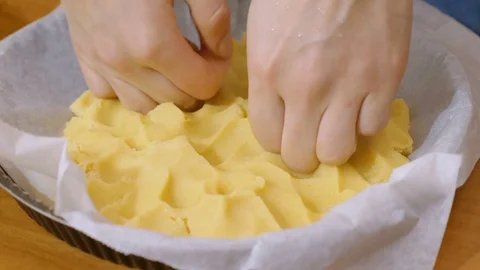 Preparing and crushing the fresh dough with  knuckles of the hands - making cake Stock-Footage 91067764