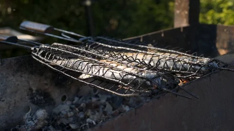 Preparing and grilling fresh and delicious trout fish. HD Stockbeeldmateriaal 104062993