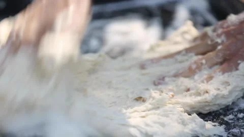 	preparing and serving focaccia bread prosciutto, dried tomatoes, black olive Stock Footage 133749188