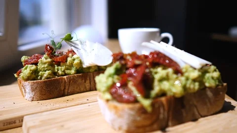 Preparing Avocado Toast For Healthy Breakfast. Stock Footage 111429428
