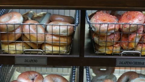 Preparing &amp; Baking Delicious New York Style Bagels In A Cafe Bakery Deli Stock Footage 123878221