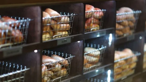 Preparing &amp; Baking Delicious New York Style Bagels In A Cafe Bakery Deli Stock Footage 123878456