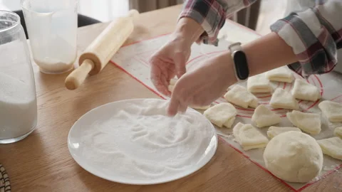 Preparing a batch of traditional homemade sugar cookies from curd cheese dough Stock Footage 318160740