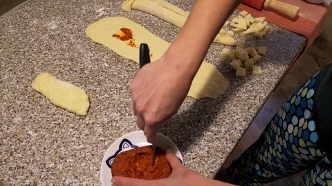 Preparing bread stuffed with salami Stock Footage 85313691