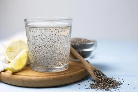 Preparing Chia Gel For Drinks. Suspended Chia Seeds In Water With Gel Formation Stock Photos
