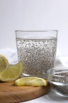 Preparing Chia Gel For Drinks. Suspended Chia Seeds In Water With Gel Formation Stock Photos