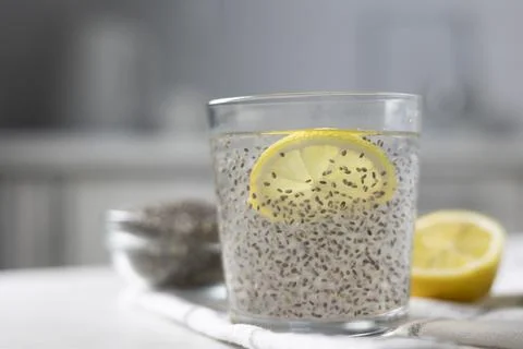 Preparing Chia Gel For Drinks. Suspended Chia Seeds In Water With Gel Formation Stock Photos