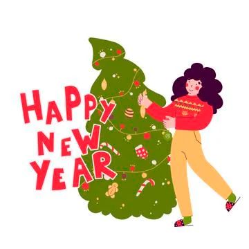 Preparing for Christmas, decorating tree. Merry christmas happy new year winter Stock Illustration