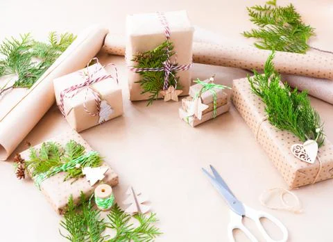 Preparing for the Christmas holidays. Gift wrapping Stock Photos