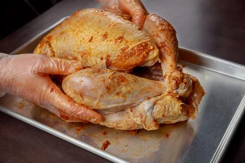 Preparing the christmas turkey on baking sheet. Stock Photos