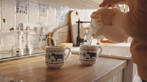 Preparing Coffee Tea Morning Kitchen Countertop Relaxed Perfect Morning at Home Vídeo Stock 195288268