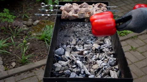 Preparing a delicious side dish of vegetables and herbs for a pork barbecue Video stock 128919511