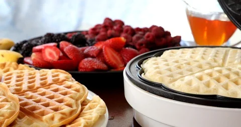 Preparing Delicious Waffles In A Waffle Maker 10 Stock Footage 119391382