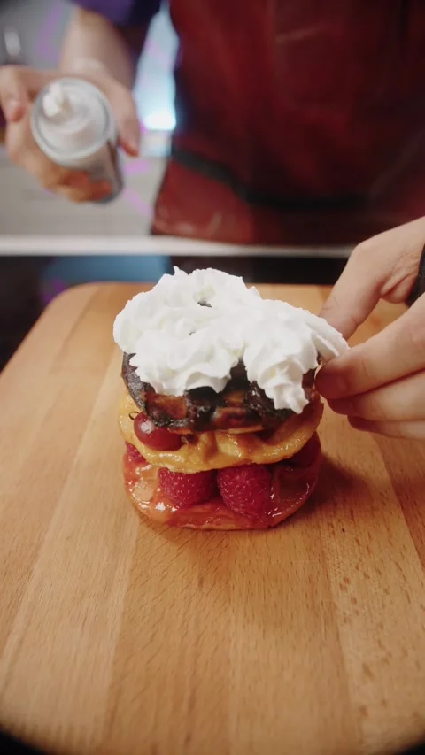 Preparing Dessert with Whipped Cream on camera 스톡 동영상 279987017