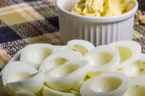 Preparing deviled eggs in the kitchen Stock Photos