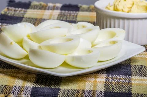 Preparing deviled eggs in the kitchen Stock Photos