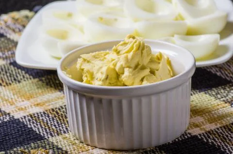 Preparing deviled eggs in the kitchen Stock-Fotos