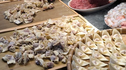 Preparing the dough for wrapping pork to make dumplings Stock Footage 308162688