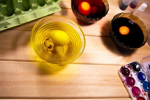 Preparing for the Easter. Egg coloring process 스톡 사진