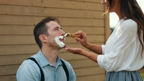 Preparing face with shave foam close-up applying. Stock Footage 100114026