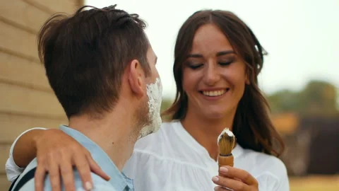 Preparing face with shave foam close-up applying Stock Footage 100114065