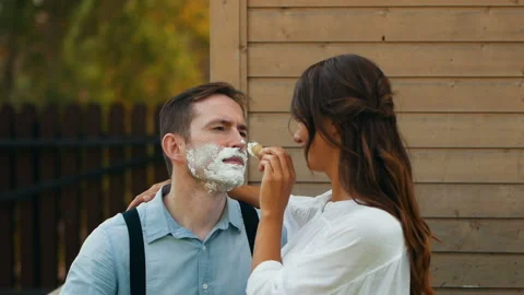 Preparing face with shave foam close-up applying Stock Footage 100177069