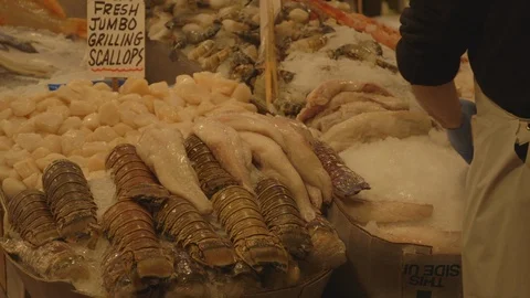 Preparing Fish Display in Pike Place Market Stock Footage 115502414
