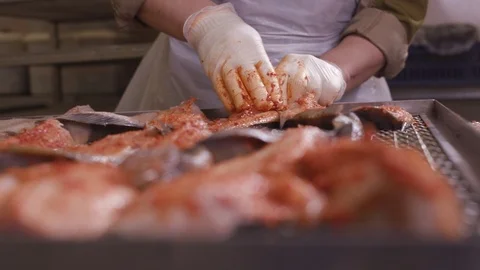 Preparing fish for hot smoking Stock Footage 117824938