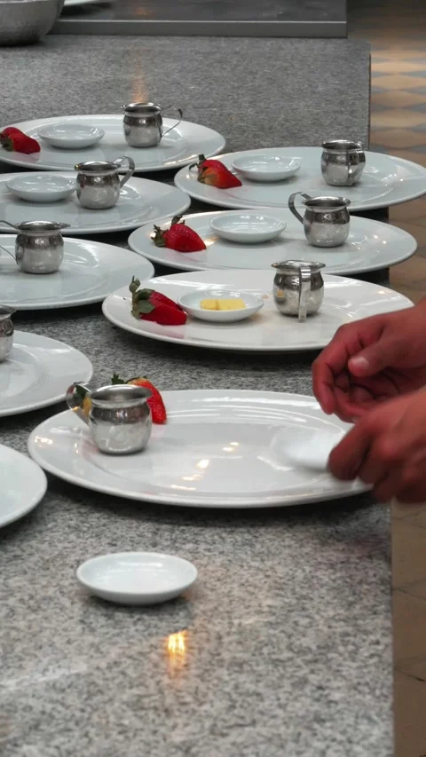 Preparing Fresh Breakfast Plates for Restaurant Service Video stock 343912105