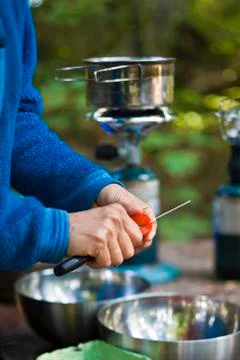 Preparing fresh fruit while camping on Vancouver Island, BC Stock Photos