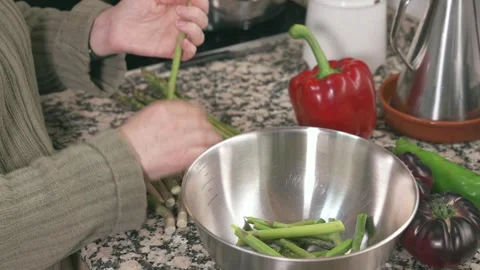 Preparing fresh green asparagus in the kitchen 스톡 동영상 331218536