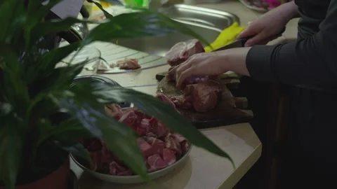Preparing Fresh Meat for Cooking in Authentic Home Kitchen 스톡 동영상 341768187