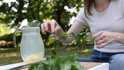 Preparing fresh mint for refreshing beverages in a sunny garden Stock Footage 297370249
