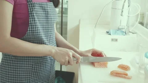 Preparing Fresh Salmon for Cooking Stock Footage 314221691