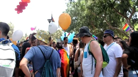 Preparing for Gay pride parade in Tel Aviv Stock Footage 77013489