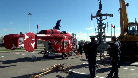 Preparing gearbox for installation in Ka-226 helicopter. Stock Footage 106232478