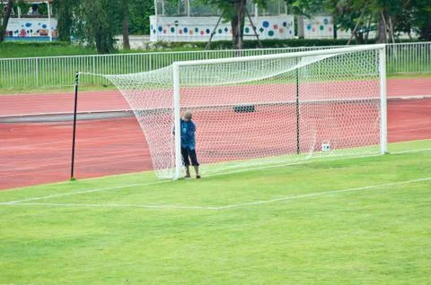 Preparing goal for soccer 스톡 사진