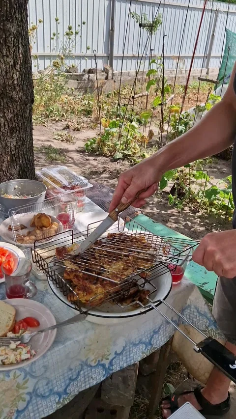 Preparing Grilled Chicken on Rack in Sunny Garden Stock Footage 318348512