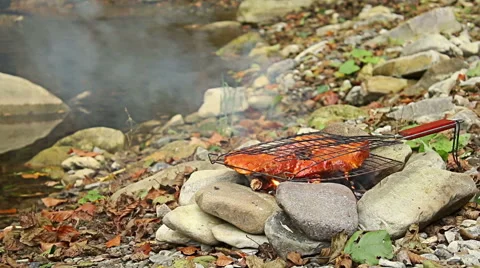 Preparing Grilled steaks on outdoor camping fire Video stock 56881675
