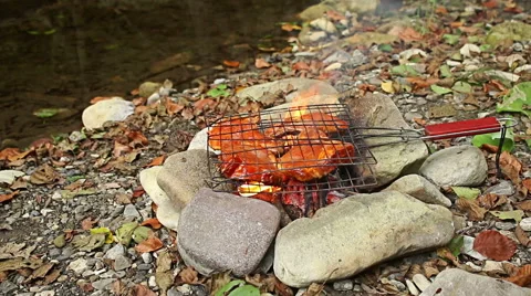 Preparing Grilled steaks on outdoor camping fire Video stock 56881883