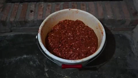 Preparing ground meat for cooking in a burning fireplace Stock Footage 320407458