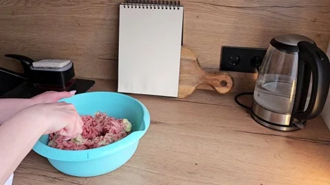 Preparing Ground Meat Mixture in Kitchen Bowl Stock Footage 305750472