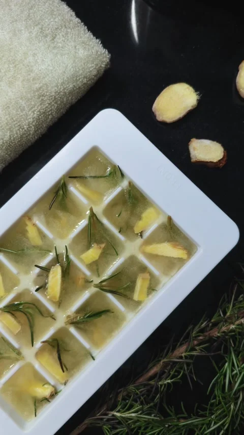 Preparing herbal ice cubes with rosemary and ginger slices in a white ice tray, Video stock 341861237