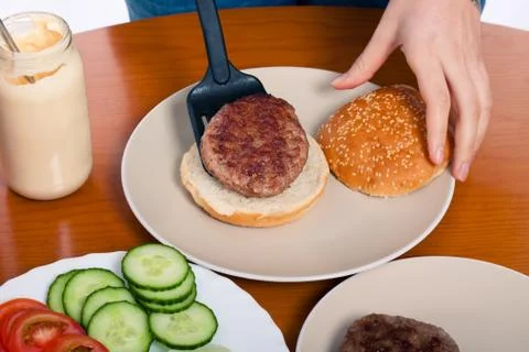 Preparing homemade hamburger Stock Photos