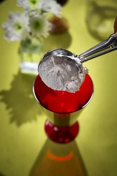 Preparing Ice Cream for Wine Float. Trending Drink Concept Stock Photos