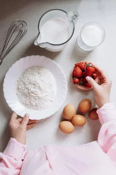 Preparing Ingredients for Baking with Strawberries Stock Photos
