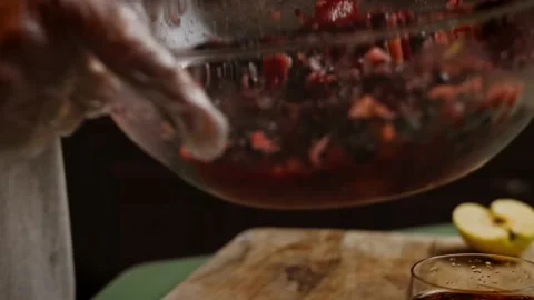 Preparing the ingredients for Bluberry Pie. A glass of apple juice. 4k video Stock Footage 159993149